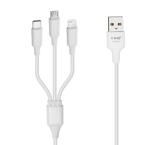 Câble USB 3 en 1 vers Micro-USB iPhone Lightning USB Type C 5A LinQ Blanc