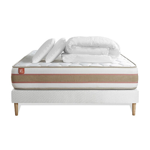 Marmottes & Co Pack prêt à dormir matelas LE DÉLICAT 140x200 Ressorts ensachés et Mémoire de forme + sommier Blanc + 2 oreillers + couette