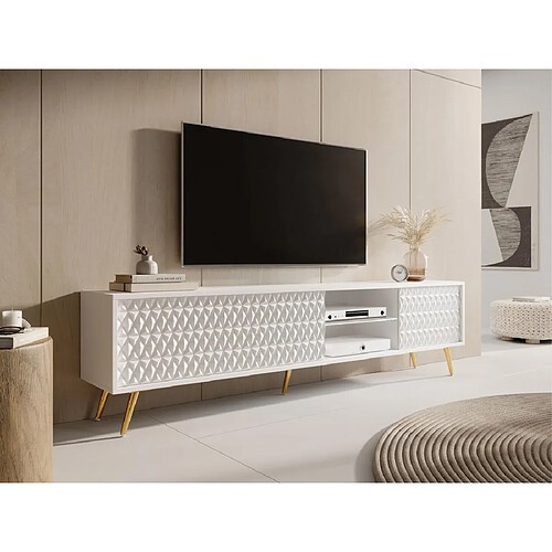 Bestmobilier Wairoa - meuble TV 3 portes et 2 niches - blanc et pieds dorés - 175 cm