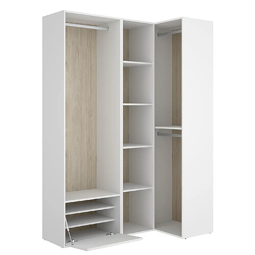 Pegane Ensemble dressing d'angle avec portes à chaussures et fond d'arrière réversible coloris chêne naturel, blanc - Longueur 1445 x Profondeur 79 x Hauteur 205 cm