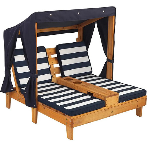 KidKraft Double Chaise longue enfant avec porte-gobelets blanc et bleu.