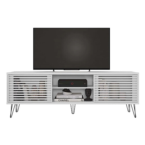 Pegane Meuble TV en bois avec 2 portes coloris blanc - longueur 180 x profondeur 36 x hauteur 46 cm