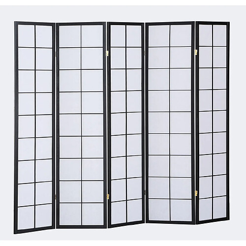 Pegane Paravent japonais grands carreaux bois noir et papier de riz - 5 pans