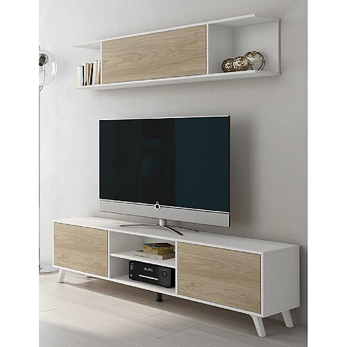 Pegane Set de meuble TV et étagère murale coloris blanc/chêne - Longueur 180 x Profondeur 39,6 x Hauteur 49 cm