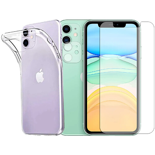 Protection intégrale Verre Trempé pour iPhone 11 + Verre Trempé Caméra Arrière + Coque souple silicone transparente - Visiodirect -