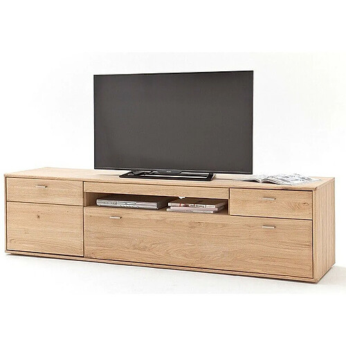 Pegane Meuble TV coloris chêne blanchi huilé - Longueur 214 x Hauteur 56 x Profondeur 52 cm