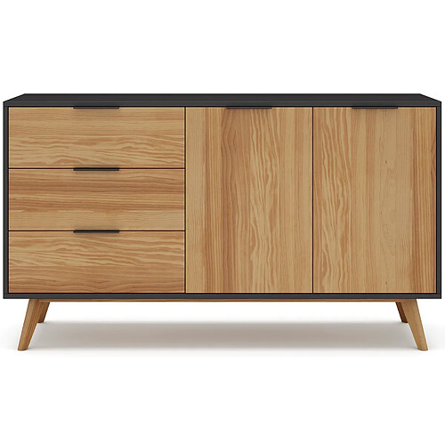 Pegane Buffet en pin massif décor ciré naturel et noir, meuble de rangement - Longueur 140 x Profondeur 40 x Hauteur 80 cm