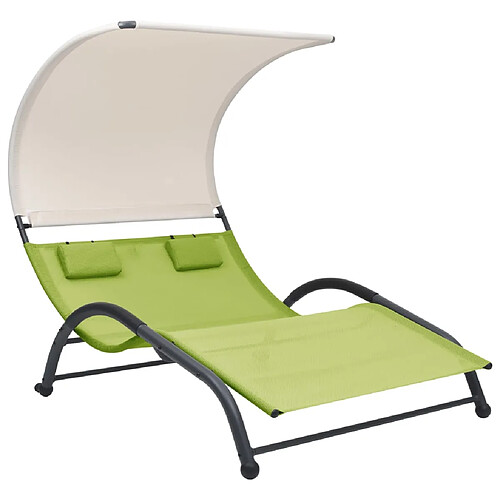 Helloshop26 Transat chaise longue bain de soleil lit de jardin terrasse meuble d'extérieur double avec auvent textilène vert 02_0012726