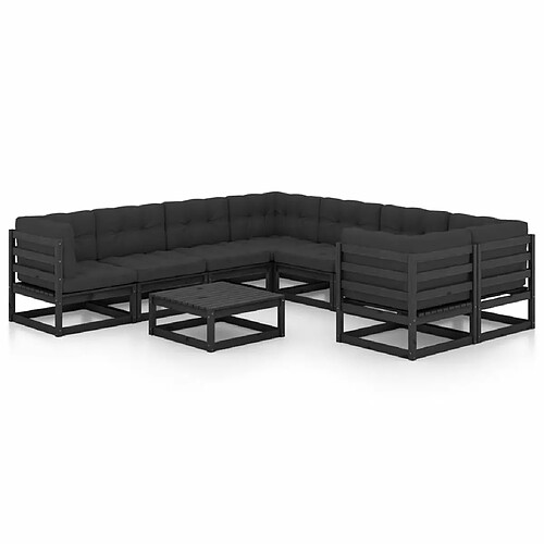 Maison Chic Salon de jardin 9 pcs + coussins - Mobilier/Meubles de jardin - Table et chaises d'extérieur Noir Bois de pin massif -MN72596