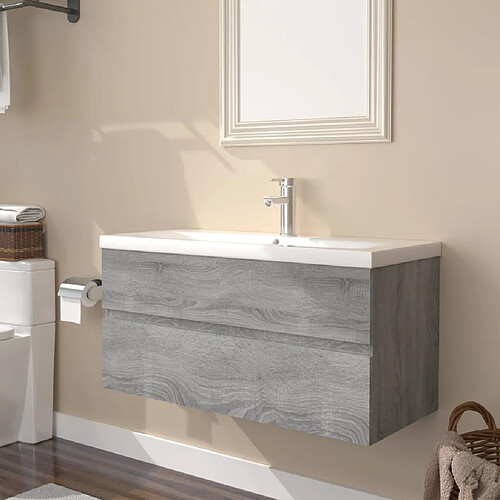 vidaXL Meuble lavabo avec bassin intégré Sonoma gris Bois d'ingénierie