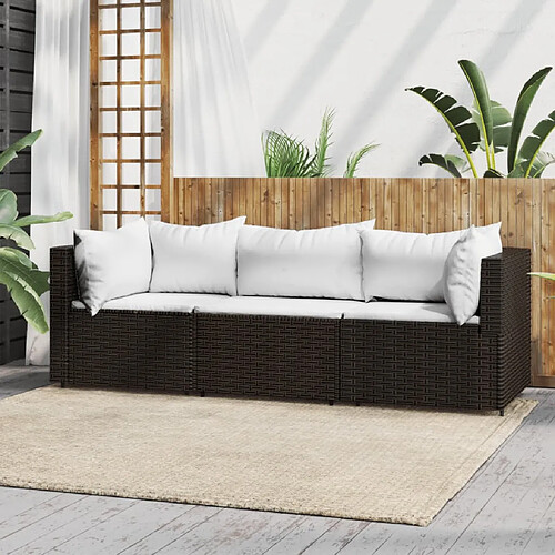 vidaXL Salon de jardin 3 pcs avec coussins marron résine tressée