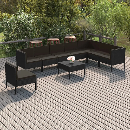 vidaXL Salon de jardin 9 pcs avec coussins Résine tressée Noir