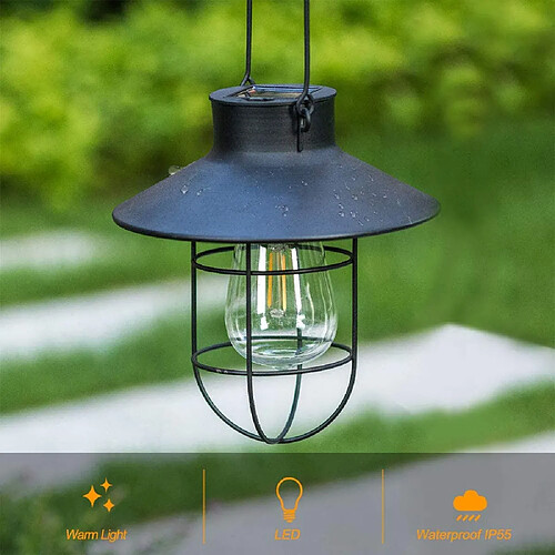 BESTA Lanterne solaire à suspendre avec crochet, lampe solaire à LED vintage avec blanc chaud, cage en acier, lanterne solaire à énergie solaire étanche pour jardin, cour, patio, clôture, décor - Noir