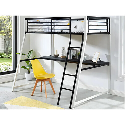 Vente-Unique Lit mezzanine MALICIA - 90 x 190 cm - bureau intégré - Noir et blanc + matelas