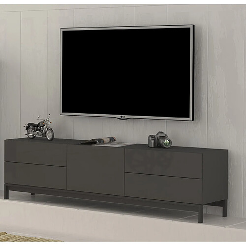 Alter Meuble TV de salon, Made in Italy, Meuble TV de salon surélevé avec 1 porte et 4 tiroirs, 170x40h47 cm, couleur anthracite brillant