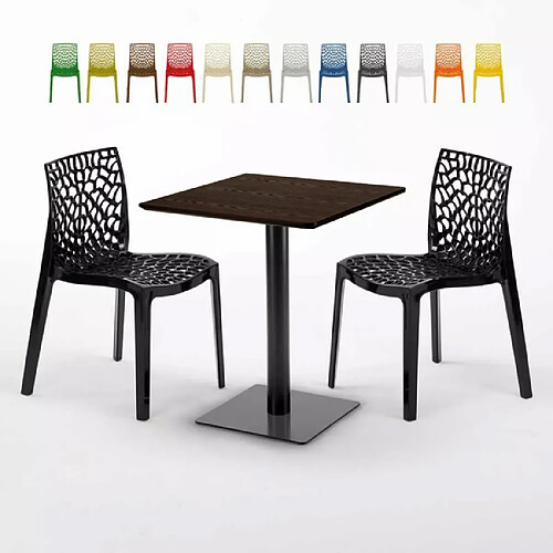 Grand Soleil Table carrée 60x60 pied noir et surface bois avec 2 chaises colorées Gruvyer Kiss - Noir