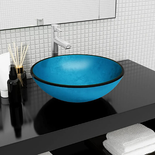 vidaXL Lavabo Verre trempé 42x14 cm Bleu