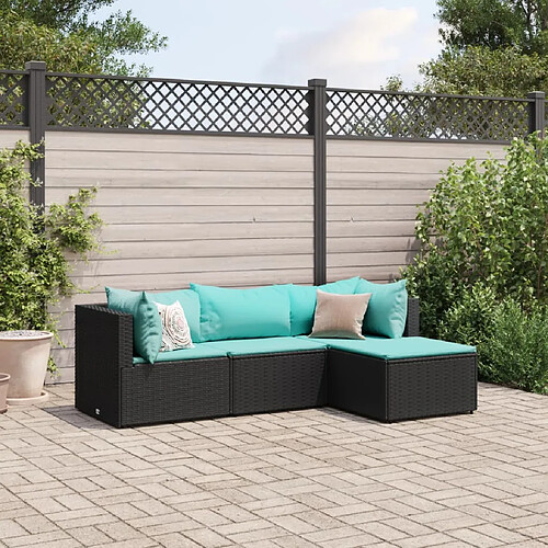 vidaXL Salon de jardin 4 pcs avec coussins Noir Résine tressée