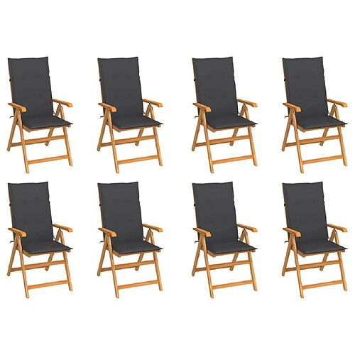 vidaXL Chaises inclinables de jardin et coussins lot de 8 Teck solide