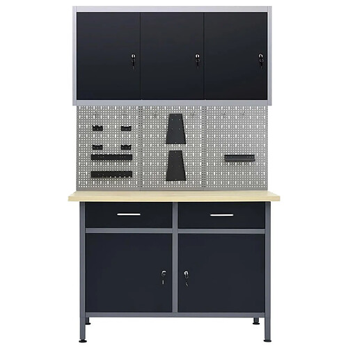 Helloshop26 Etabli 120 cm et 3 panneaux muraux et 1 armoire table de travail atelier gris noir 02_0003664