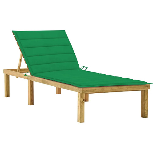 Helloshop26 Transat chaise longue bain de soleil lit de jardin terrasse meuble d'extérieur avec coussin vert bois de pin imprégné 02_0012539