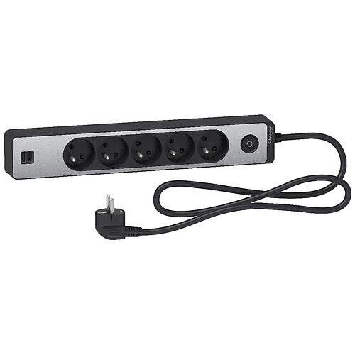 Schneider Electric Bloc multiprises 5 Prises 2P+T et 2 USB (câble 1,5m) Noir et Aluminium - Schneider