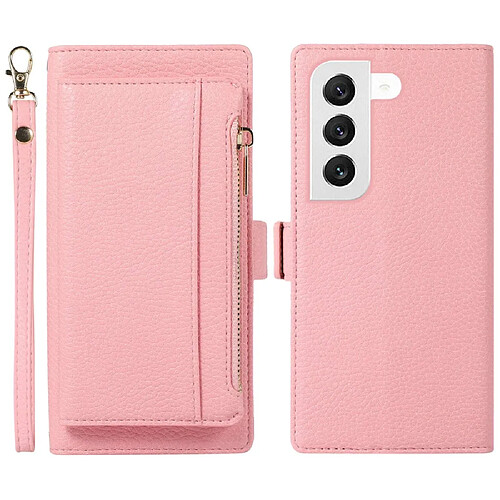 Etui en PU texture litchi, magnétique avec support, pochette à fermeture éclair et sangle pour votre Samsung Galaxy S22 + 5G - rose