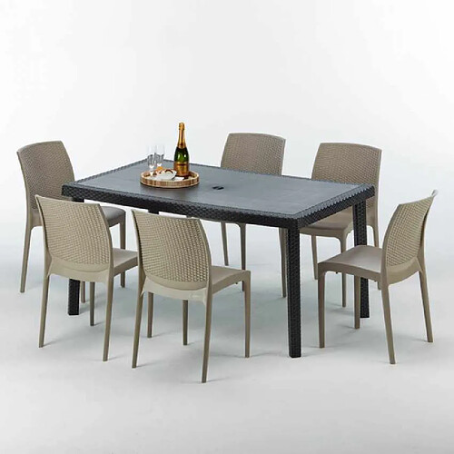 Grand Soleil Table rectangulaire et 6 chaises Poly rotin colorées 150x90cm noir Enjoy, Chaises Modèle: Boheme Beige Juta