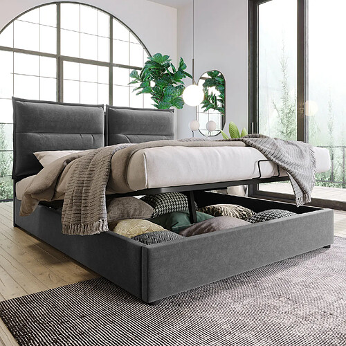 Sweiko Lit coffre double 140x200 cm - sommier à lattes avec structure en métal, tête de lit réglable, tissu velours - Gris Espace de stockage supplémentaire