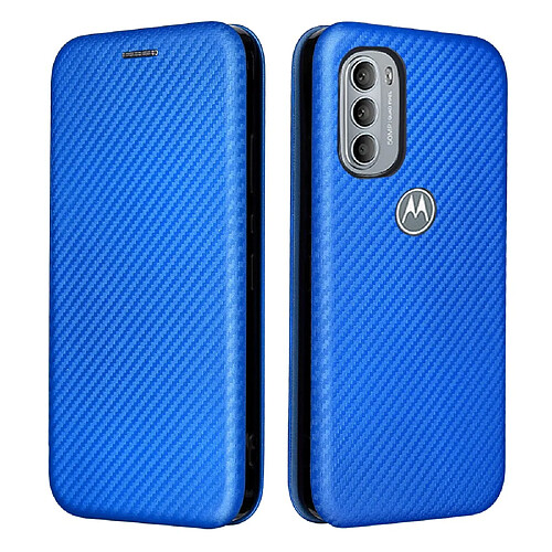 Coque en TPU + PU texture en fibre de carbone avec béquille en anneau et porte-carte bleu pour votre Motorola Moto G31/G41