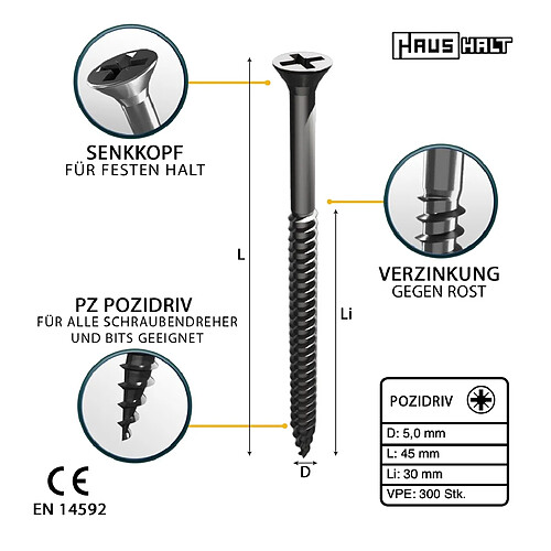 Haus Publishing HausHalt Vis à bois universelle 5,0 x 45 mm PZ2 - 300 pièces (000051371196)