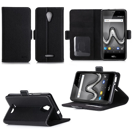 Wiko Tommy 2 : Housse Portefeuille luxe noire Style Cuir avec stand - Etui noir coque de protection Wiko Tommy 2 smartphone 2017 /2018 5.5 pouces Dual SIM avec porte cartes - Accessoires pochette XEPTIO : Exceptional case !