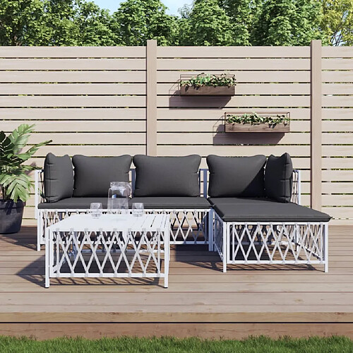 vidaXL Salon de jardin avec coussins 5 pcs blanc acier