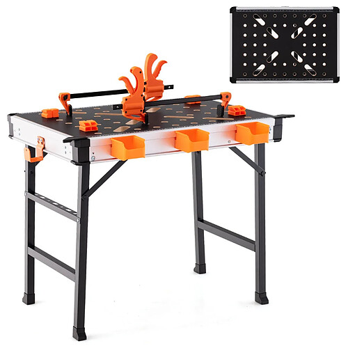 Helloshop26 Établi pliable avec 2 pinces et 4 serrages table de travail portable avec 3 boîtes à outils banc de menuiserie charge 454 kg pour garage orange 20_0009707