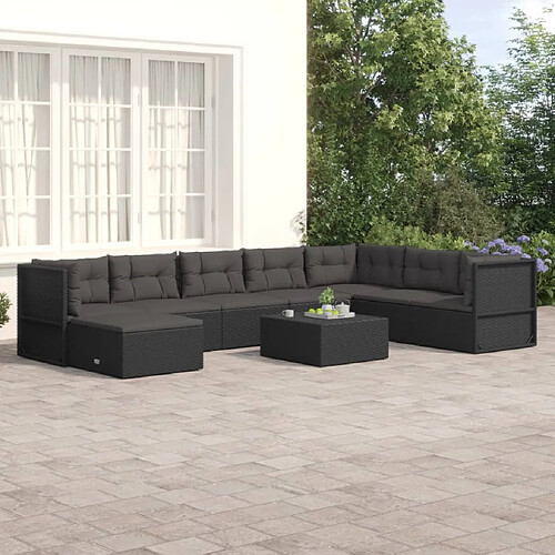 vidaXL Salon de jardin 8 pcs avec coussins noir résine tressée