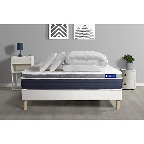 ACTISOM Pack prêt à dormir ACTIMEMO CONFORT Matelas mémoire de forme 200x200 Maxi épaisseur + sommier KIT blanc + 2 oreillers+couette