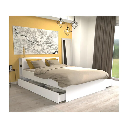 Vente-Unique Lit avec tête de lit rangements et tiroirs 160 x 200 cm - Blanc + Sommier + Matelas - EUGENE