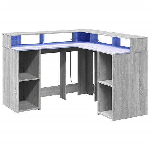 Helloshop26 Bureau table poste de travail meuble d'ordinateur informatique étude et lumières LED sonoma 130 x 130 x 91cm bois ingénierie gris 02_0023806