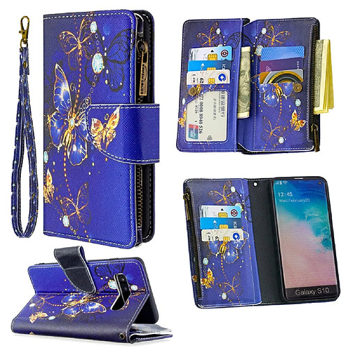 Etui en PU fermeture à glissière d'impression de modèle papillon bleu foncé pour votre Samsung Galaxy S10