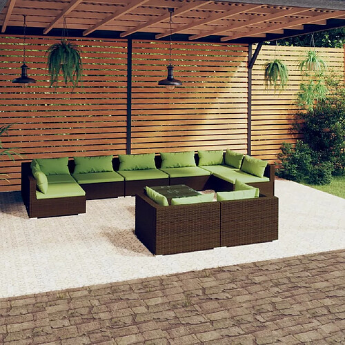 vidaXL Salon de jardin 10 pcs avec coussins marron résine tressée