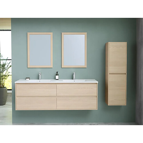 Vente-Unique Meuble de salle de bain suspendu avec vasque à encastrer, miroir et colonne - 150 cm - MILIPAM