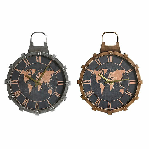 Horloge Murale DKD Home Decor 42 x 8,5 x 54 cm Verre Argenté Doré Fer Mappemonde (2 Unités)