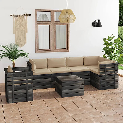 vidaXL Salon palette de jardin 7 pcs avec coussins Bois de pin massif