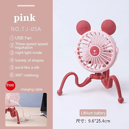 (TJ-05A rose) Ventilateur de Poussette USB Ventilateur de Siège de Voiture de Lit de Bébé Portatif de Bureau Portatif 500mAh Rechargeable