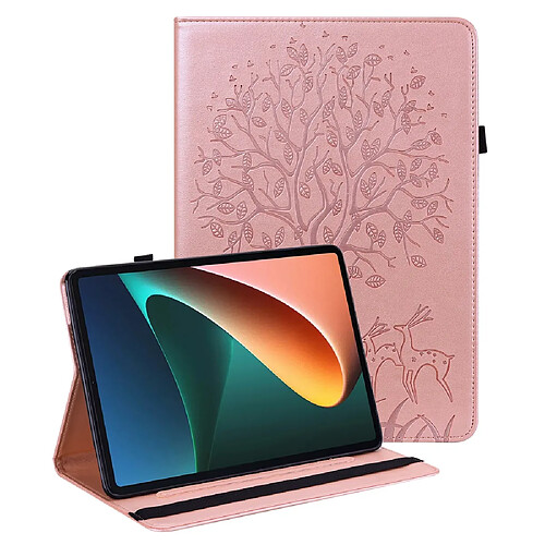 Etui en PU motif cerf et arbre avec support et porte-cartes or rose pour votre Xiaomi Pad 5/Pad 5 Pro