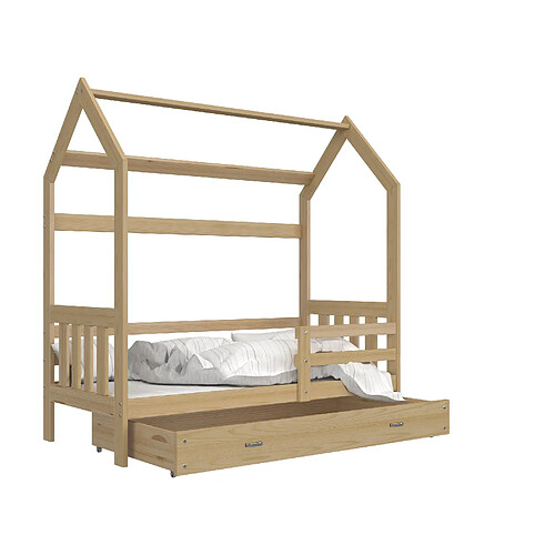 Lit cabane en Pin massif 80x160 couleur Pin livré avec sommier, tiroir et matelas en mousse de 7cm offert.