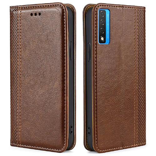 Coque en TPU + PU fermeture automatique magnétique, motif écossais avec support et porte-carte, marron pour votre TCL 20 5G/TCL 20L