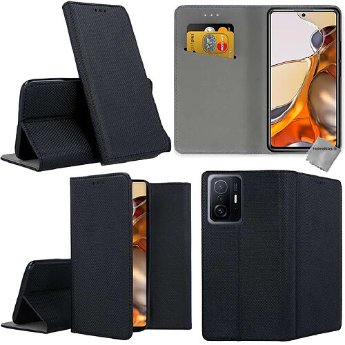 Htdmobiles Housse etui portefeuille avec coque intérieure en silicone pour Xiaomi 11T 5G / 11T Pro 5G + verre trempe - NOIR MAGNET