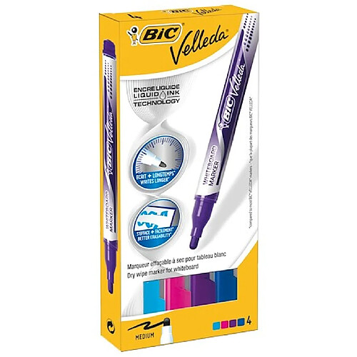 Marqueur effaçable Bic Velleda encre liquide pointe ogive moyenne 2,2 mm - Boîte de 4 coloris fun