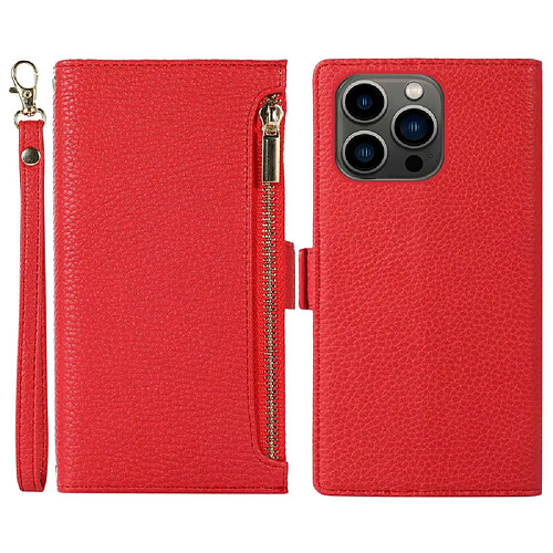 Etui en PU texture litchi, anti-rayures avec pochette à fermeture éclair et sangle pour votre iPhone 13 Pro 6.1 pouces - rouge